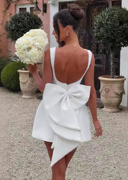 Mini Dress White Sleeveless Pearl Trim Bow Back