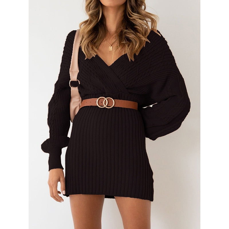 Original Wrap Long Sleeves Jacquard Solid Color Deep V-Neck Sweater Dresses