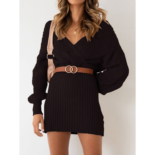 Original Wrap Long Sleeves Jacquard Solid Color Deep V-Neck Sweater Dresses