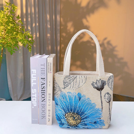 Cosbai - Blue Floral Embroidered Canvas Bag