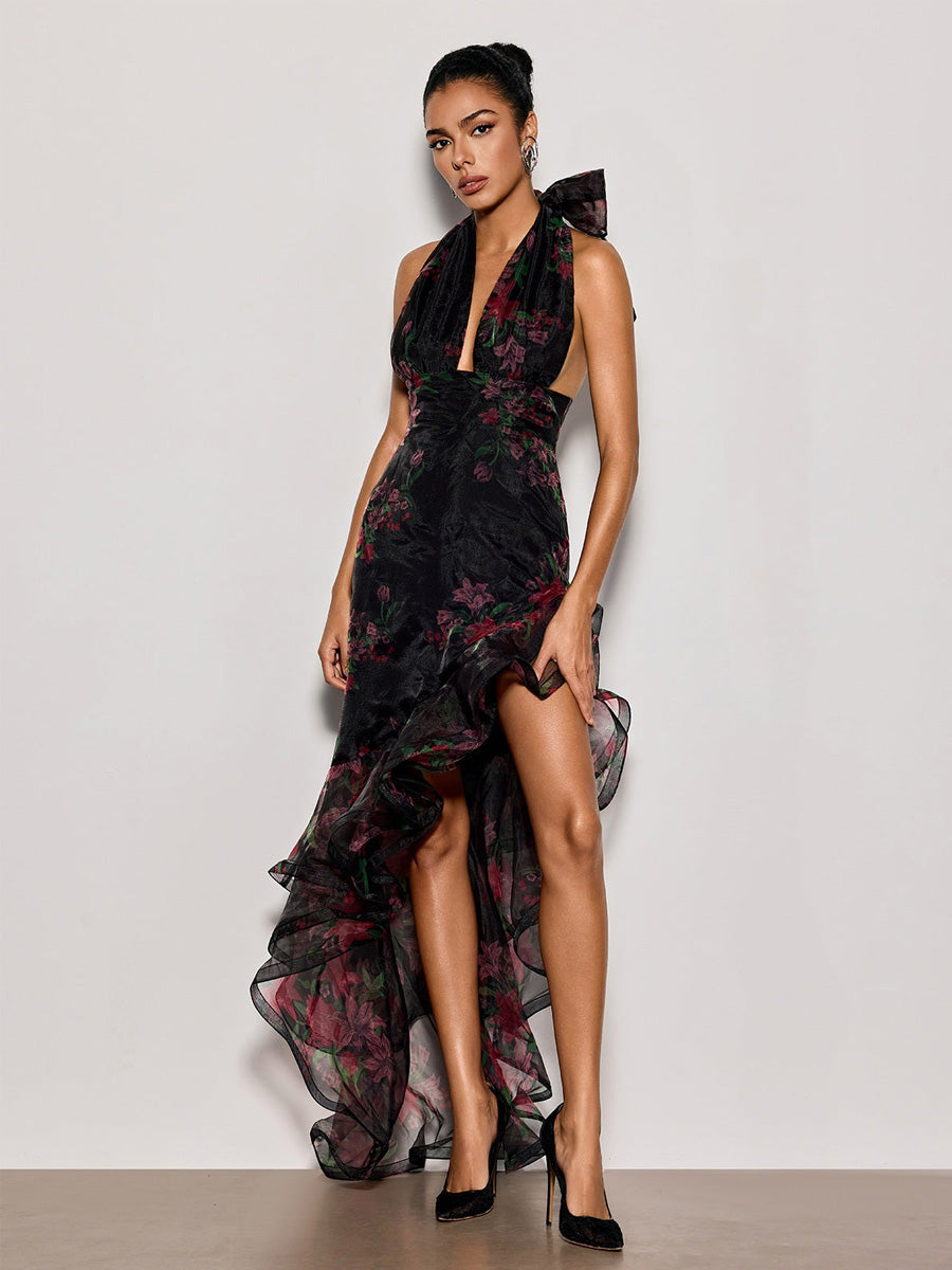 Raquel Halterneck Floral Ruffle Maxi Dress