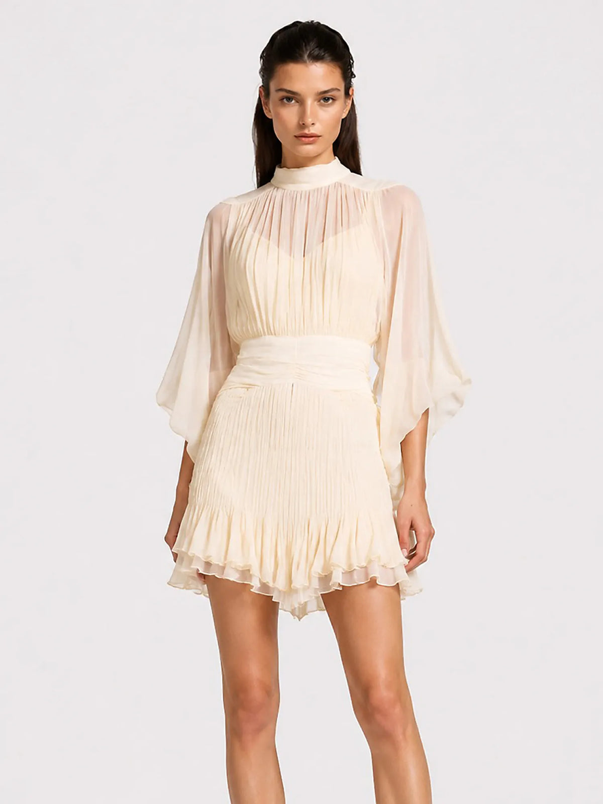 Carmen Ruched Sheer Mesh Mini Dress