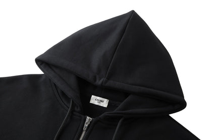 Celine Embroidered Hoodie Zip-up Jacket Black White Cotton