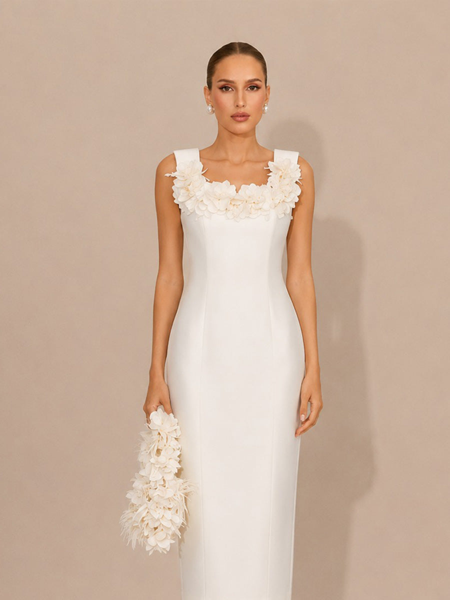 Rowena Elegant 3D Floral Sleeveless Midi Dress