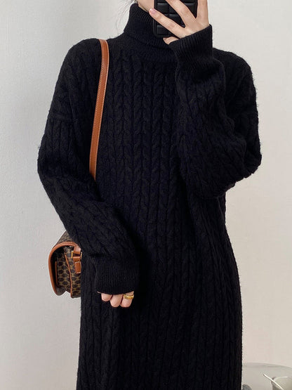 Solid Color H-Line Long Sleeves High Neck Knitted Midi Dresses