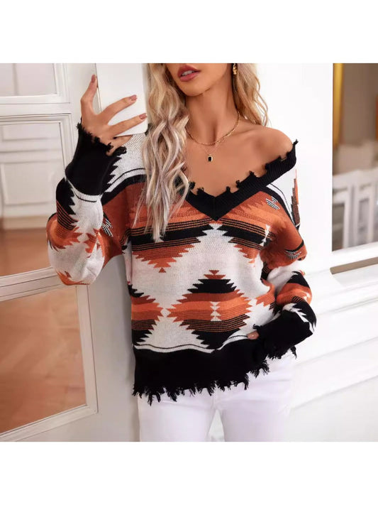 Crosa - Distressed Knit V-Neck Sweater with Geometric Patterns