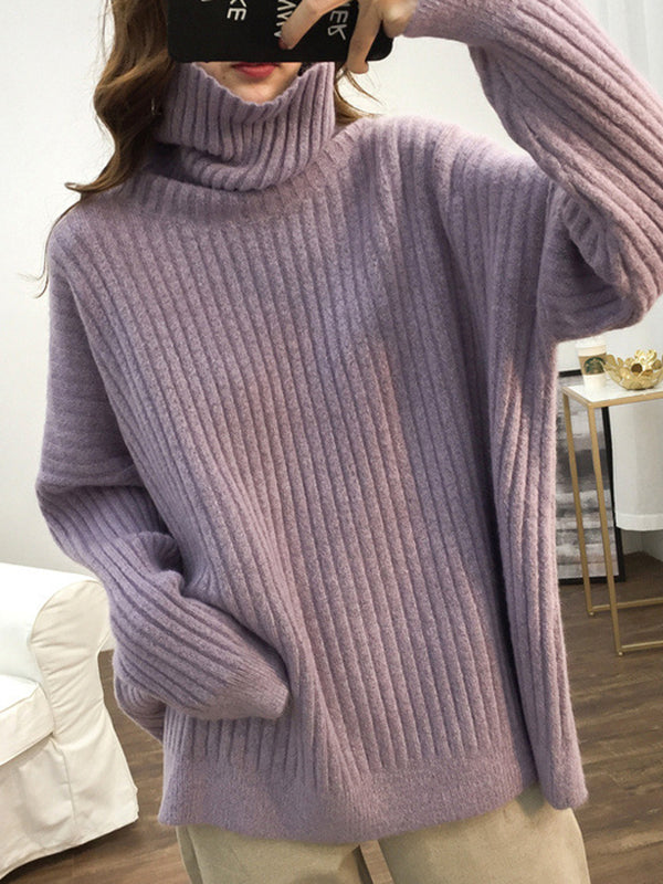 Casual Long Sleeves Loose Solid Color High-Neck Sweater Tops