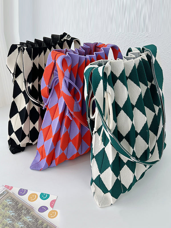 Contrast Color Drawstring Pleated Rhombus Woven Handbags