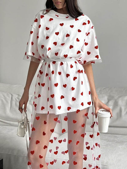 Loose Short Sleeves Heart Print Mesh See-Through Split-Joint Round-Neck Midi Dresses