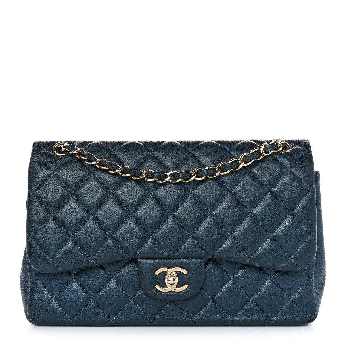 Metallic Caviar Quilted Jumbo Double Flap Dark Blue