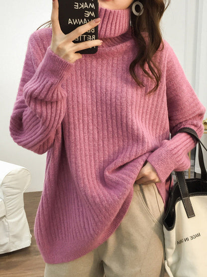 Casual Long Sleeves Loose Solid Color High-Neck Sweater Tops