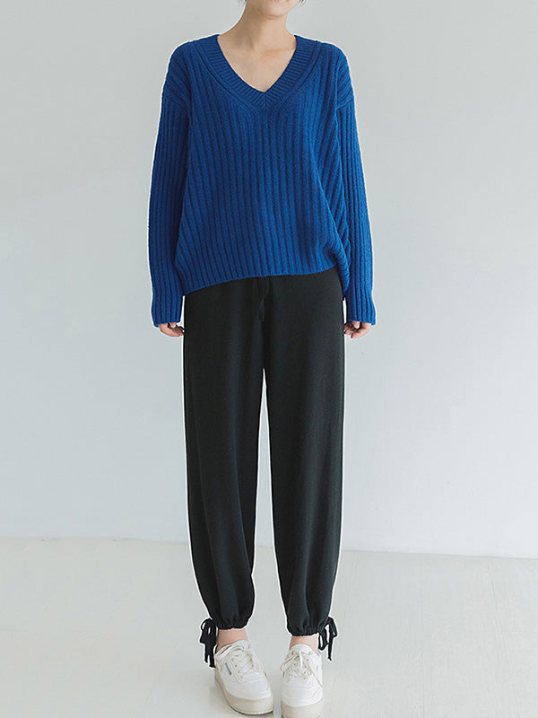 Casual Loose Solid Color V-Neck Sweater Tops