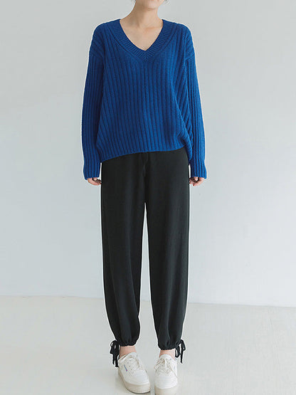 Casual Loose Solid Color V-Neck Sweater Tops