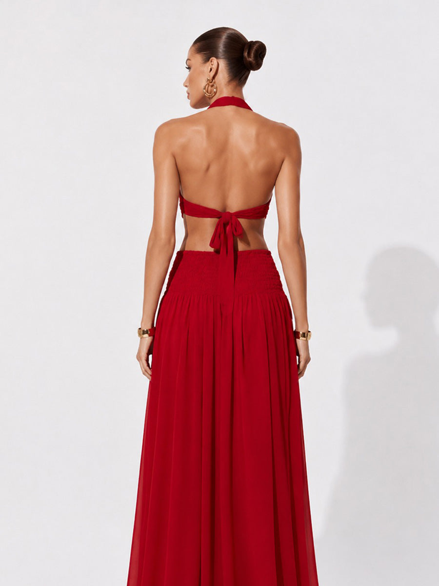 Olivia Pleated Halter-Neck Maxi Dress with Ties