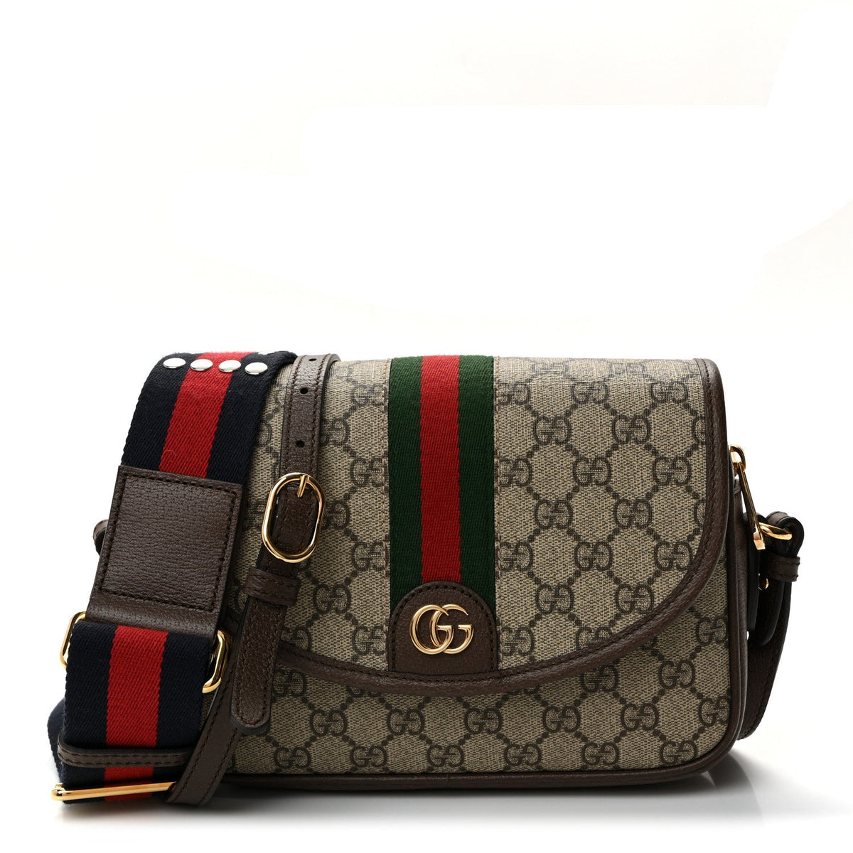 GG Supreme Monogram Textured Dollar Calfskin Web Studded Mini Ophidia Flap Shoulder Bag Beige Ebony New Acero