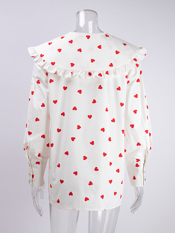 Loose Contrast Color Doll Collar Heart Print Blouses&Shirts Tops