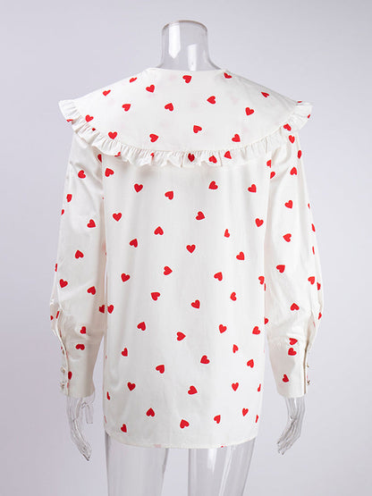 Loose Contrast Color Doll Collar Heart Print Blouses&Shirts Tops