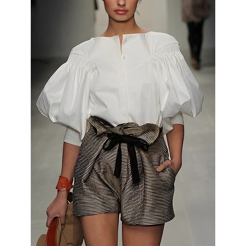 Puff Sleeves Buttoned Solid Color Blouses&shirts Tops