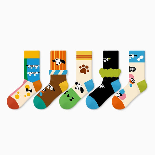 Rufia - Dog Pattern Mid-Calf Socks – 5-Pairs Set