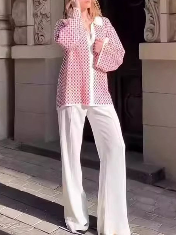 Long Sleeves Loose Plaid Split-Joint Lapel Cardigan Tops Sweater Tops