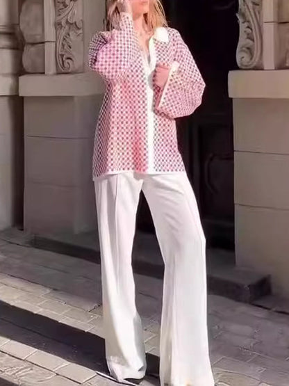 Long Sleeves Loose Plaid Split-Joint Lapel Cardigan Tops Sweater Tops