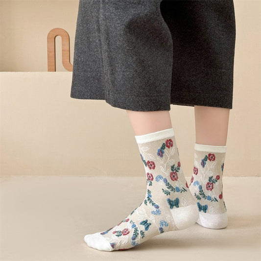 Rufia - Embossed Vintage Floral Pattern Mid-Calf Socks