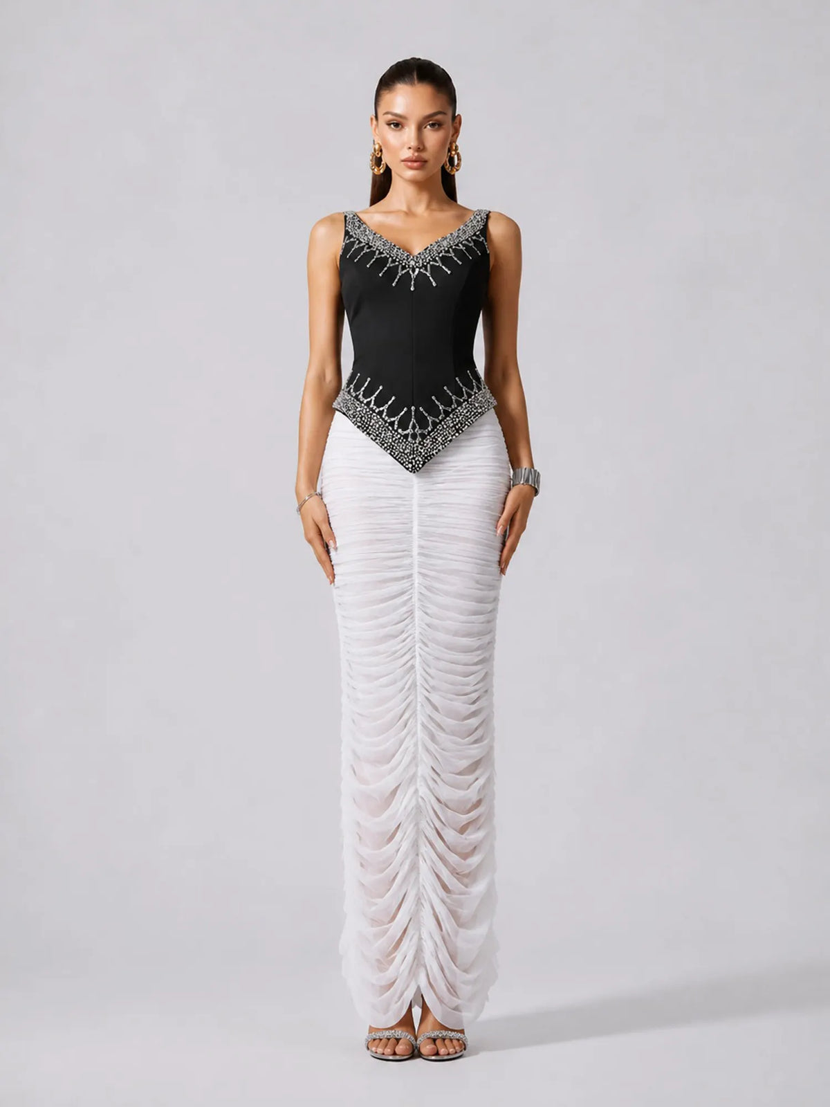 Paulina Spaghetti Strap V Neck Rhinestone Ruched Two Piece Maxi Dress