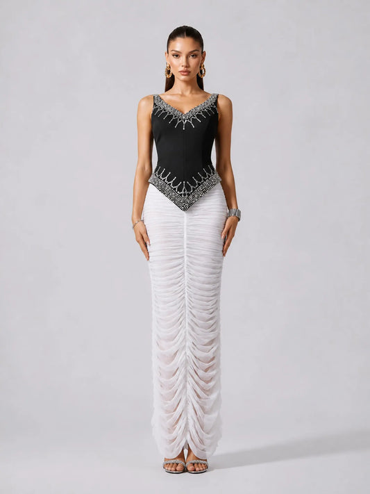 Paulina Spaghetti Strap V Neck Rhinestone Ruched Two Piece Maxi Dress