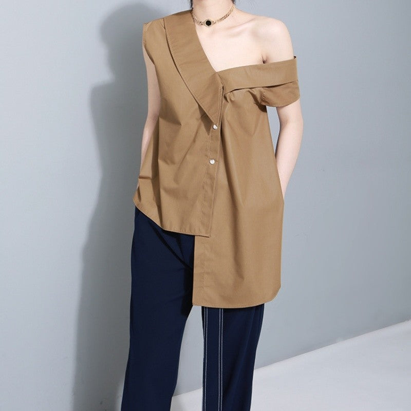 Off Shoulder Sleeveless Shirt Polyester Stand Collar
