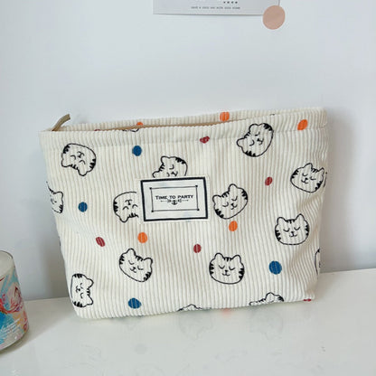 Cosbai - Corduroy Cat and Polka Dot Print Makeup Bag