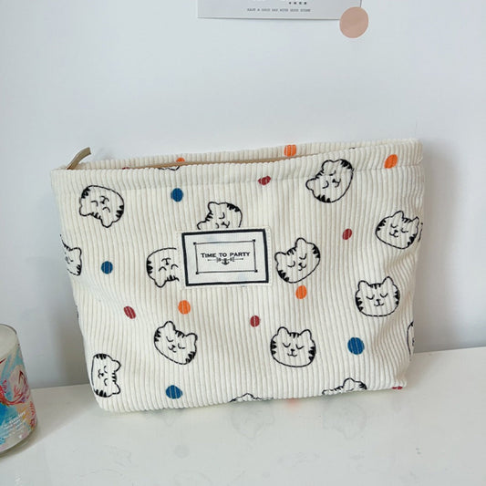 Cosbai - Corduroy Cat and Polka Dot Print Makeup Bag