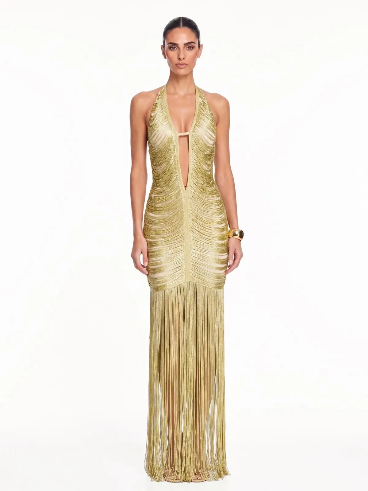 Alba Plunge Neck Fringe Maxi Dress