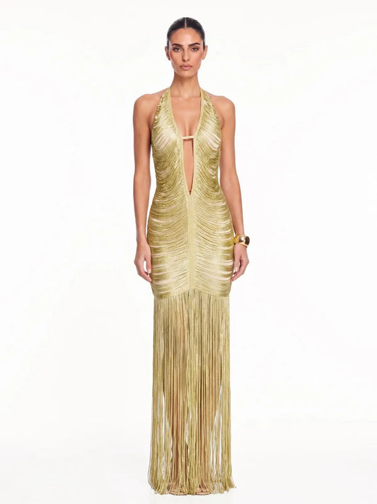 Alba Plunge Neck Fringe Maxi Dress