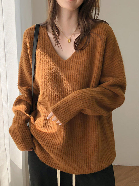 Simple Long Sleeves Loose Solid Color V-Neck Sweater Tops