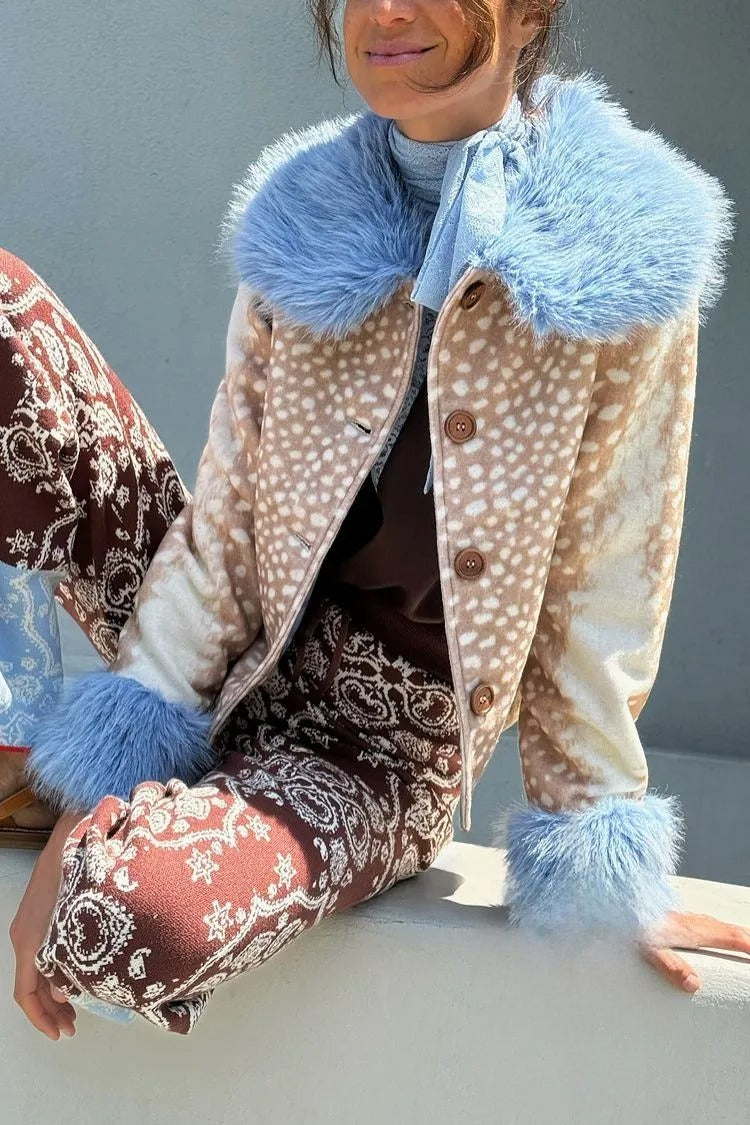 Deer Print Jacket with Blue Faux Fur Trims