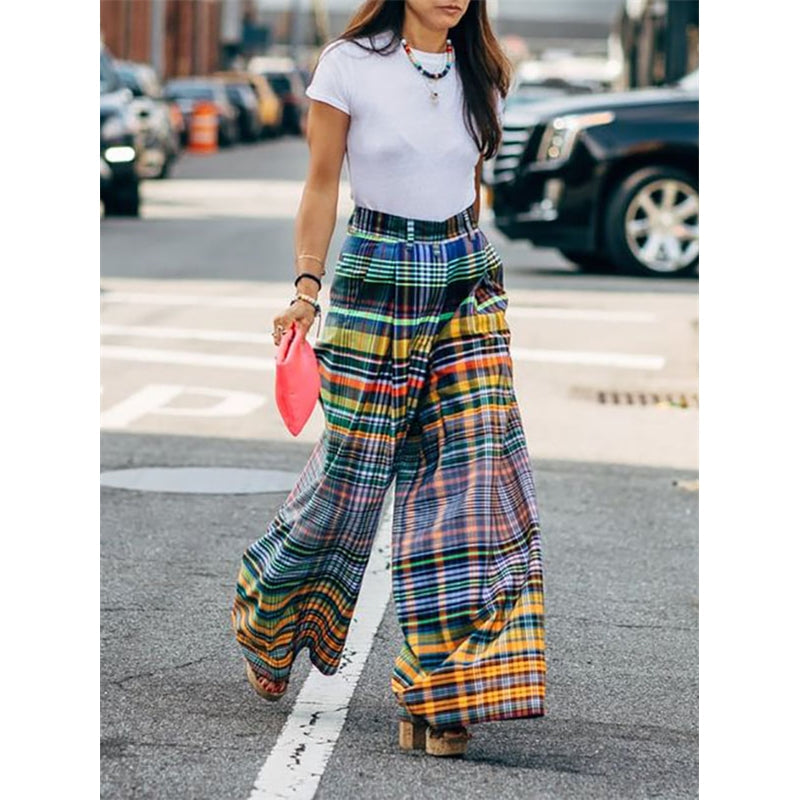 Loose Wide Leg Checkerboard Printed Casual Pants Bottoms Pants