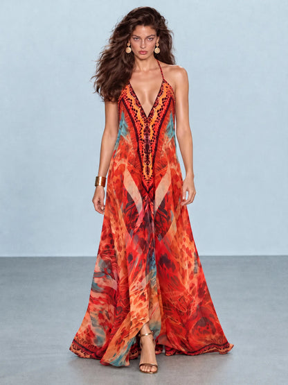 Paisley Printed Cowl Neck Halter Maxi Dress