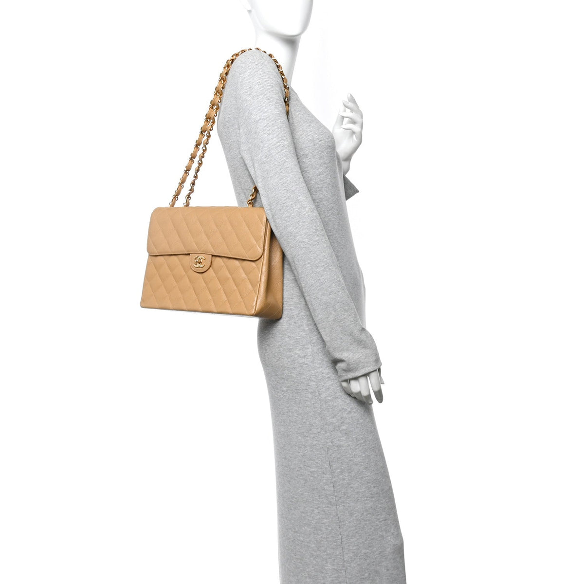 Caviar Quilted XL Jumbo Single Flap Beige