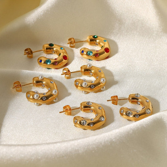 Colorful Zircon Pearl C-Shaped Stud Earrings