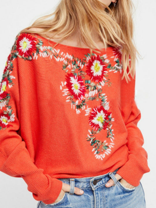 Bohemian National Style Crew Neck Flower Embroidery Thread Loose Sweater Coat
