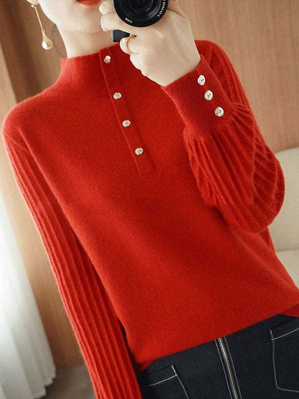 Casual Puff Sleeves Long Sleeves Solid Color Half Turtleneck Sweater Tops
