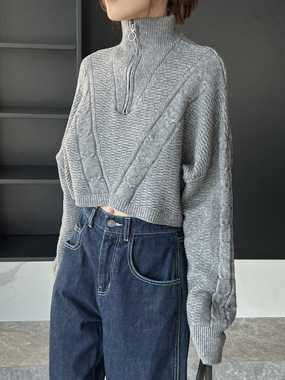 Simple Batwing Sleeves Long Sleeves Jacquard Solid Color Lapel Collar Sweater Tops