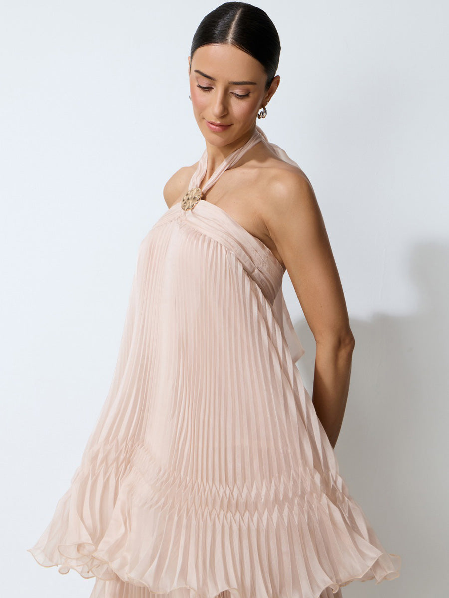 Skylar Pink Halter Neck Pleated Maxi Dress