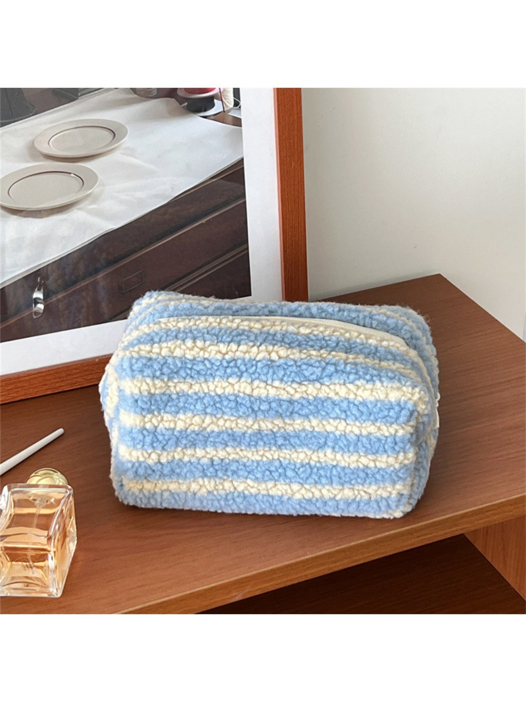 Cosbai - Blue Striped Fleece Makeup Pouch Organizer