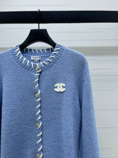 CC 26s Crochet-Trimmed Crew Neck Cardigan Blue Knit 343630