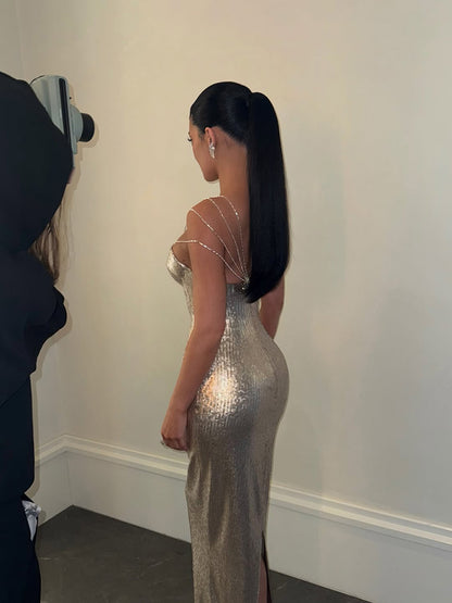 Brinley Sequined Maxi Dress In Silver