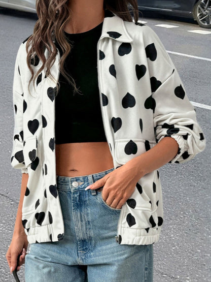 Crosa - Sweet Street Style Heart-Print Zip-Up Jacket