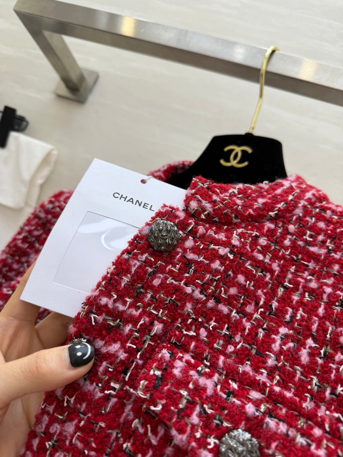 CC Woven Tweed Long-Sleeved Dress Red Pink Tweed 343197
