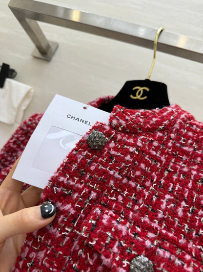 CC Woven Tweed Long-Sleeved Dress Red Pink Tweed 343197