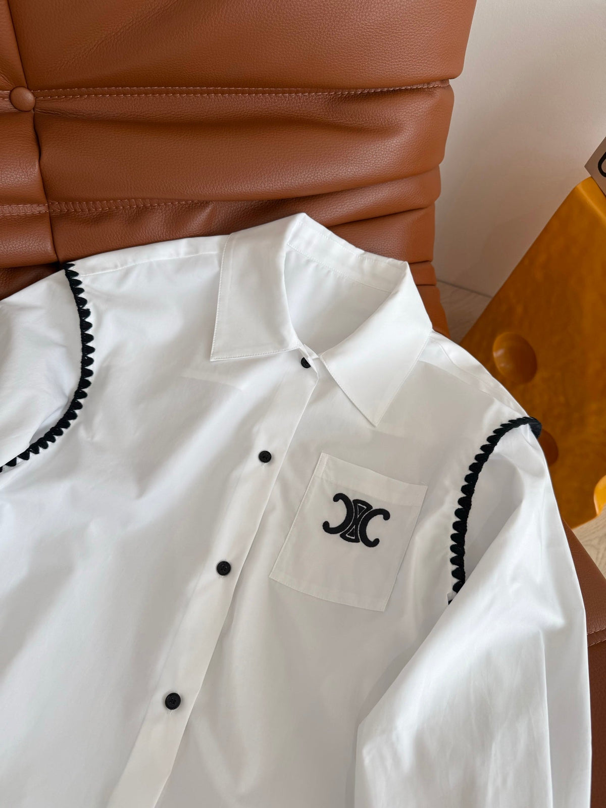 Celine 25 Embroidery Lace Shirt White mix Black Cotton